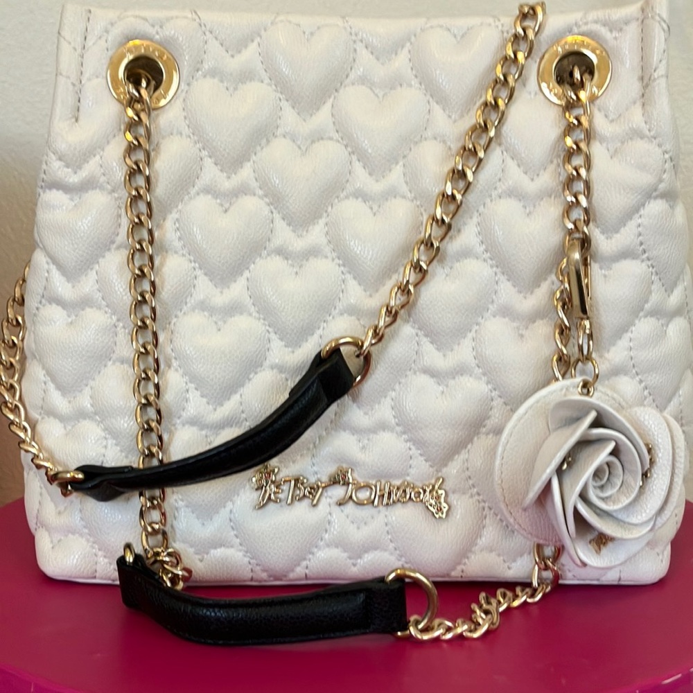 Betsey Johnson White Heart Quilt Purse Gold Chain Strap, and Satchel Handles